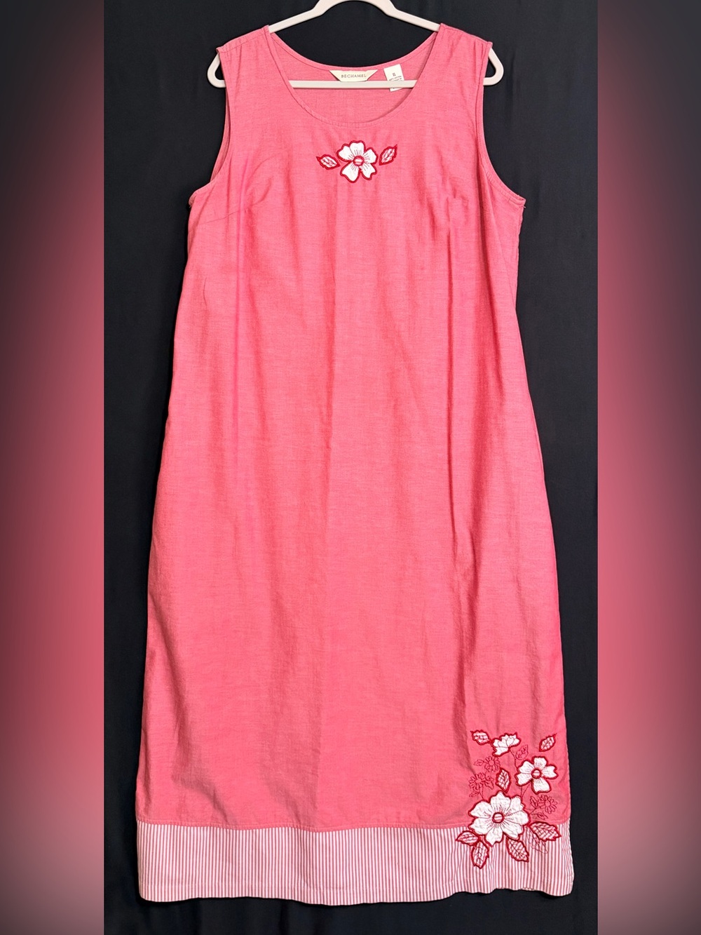 Bechamel Pink Shift Dress with White Floral Embroidery coastal Cotton nautical
